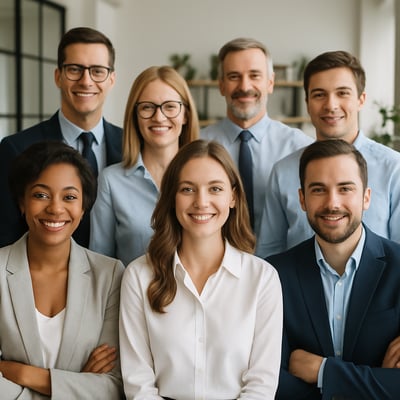 an image of a group of people who are part of a company to demonstrate the opening page of a our staff website  ensure the people are dressed smart and look welcoming  do not include text on the image